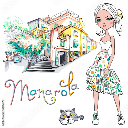 Cute beautiful fashion girl in summer dress and cute cat in Manarola, Five lands, Cinque Terre National Park, Liguria, Italy.
