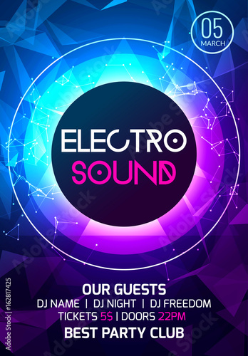 Electro sound party music poster. Electronic club deep music. Musical event disco trance sound. Night party invitation. DJ flyer poster