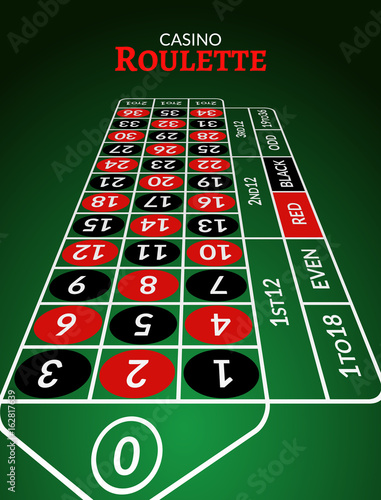 Casino roulette table perspective illustration. Green gambling roulette table with numbers