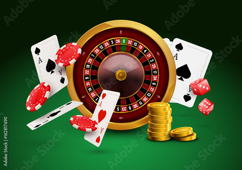 Casino roulette with chips, red dice realistic gambling poster banner. Casino vegas fortune roulette wheel design flyer