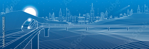 Railroad in the mountains, train move. Rock landscape, night city on background, white lines on blue background, transportation illustration, vector design art