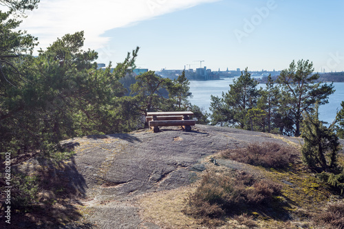 En bänk i Nacka med utsikt över Stockholms inlopp photo