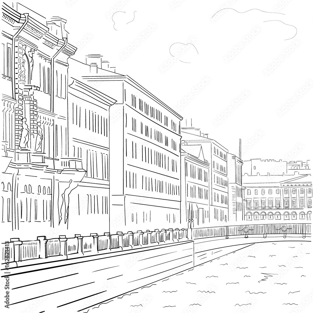 Vector image of hand-drawn black-and-white drawing of the waterfront buildings in the historic center of St. Petersburg. Walk around the city
