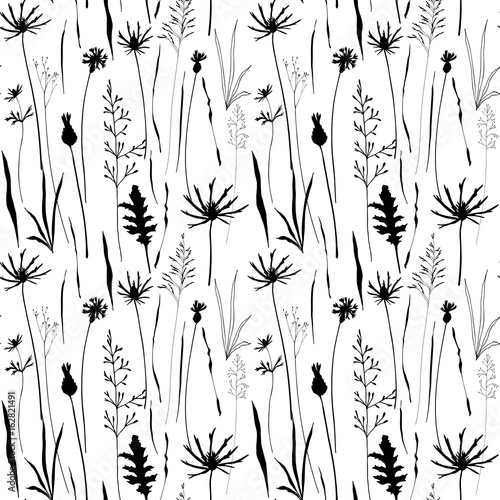 Vector floral seamless pattern with wild meadow flowers, herbs and grasses.