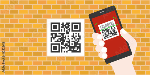Hand holding smart phone scanning qr code on the old wall, flat design vector for business and technology concept