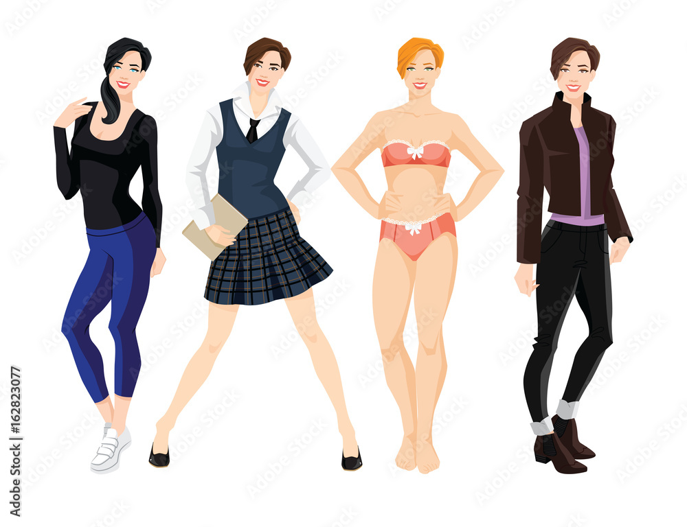Vector illustration of young women in different clothes