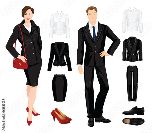Vector illustration of corporate dress code. Secretary or professor in official black formal suit. 