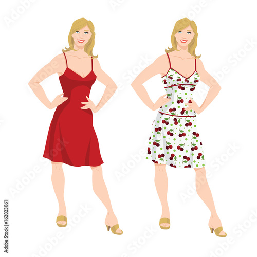 Vector illustration of young woman in different color of the dress