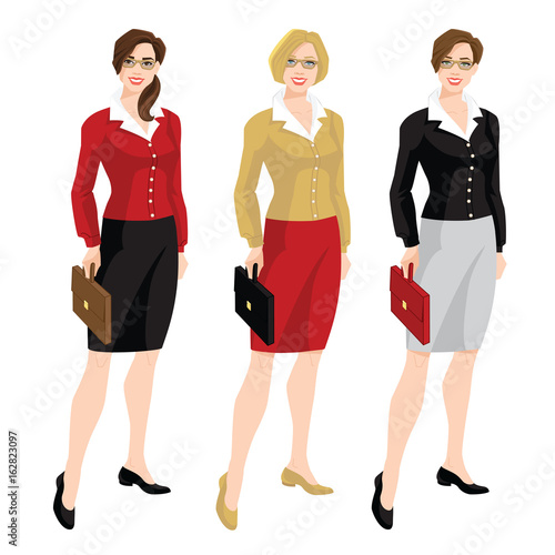 Vector illustration of corporate dress code. Business Women or teacher in cardigan, blouse, black formal skirt and shoes. women in glasses