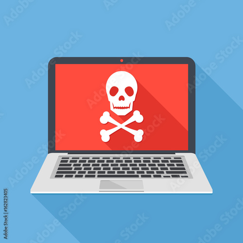 Laptop with skull and crossbones. Modern notebook and skull icon. Virus attack, ransomware, malicious software, hacker attack concepts. Long shadow design. Modern flat design vector illustration