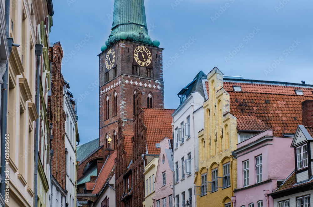 lübeck,St. Jacobi Church and historical facades in the Angel Pit Street