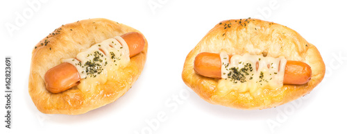 bread and sausage topping with mayonnaise and seaweed on white background