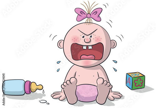 Illustration of sitting baby, very angry with baby bottle