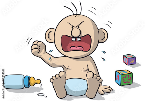 Illustration of sitting baby, very angry with baby bottle
