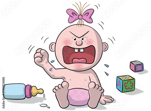 Illustration of sitting baby, very angry with baby bottle