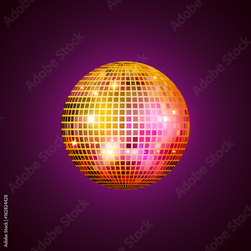 Disco ball isolated illustration. Night Club party light element. Bright mirror golden ball design for disco dance club