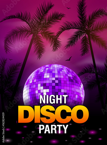 Summer beach party disco poster design with disco ball element. Vector beach party flyer with palm. Music beat template