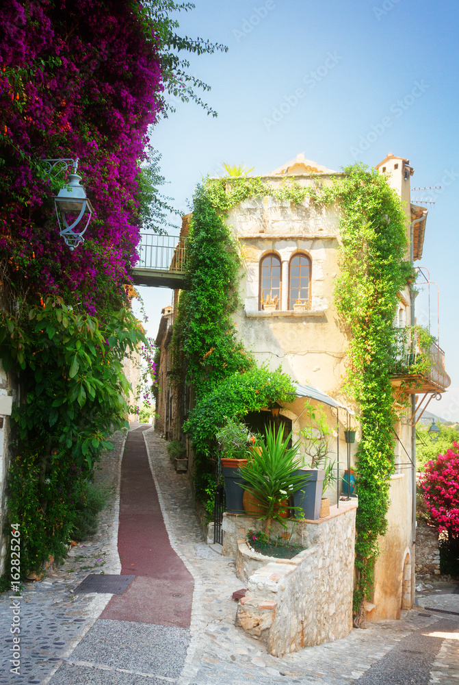 beautiful old town street of Provence with summer flowers, France, retro toned