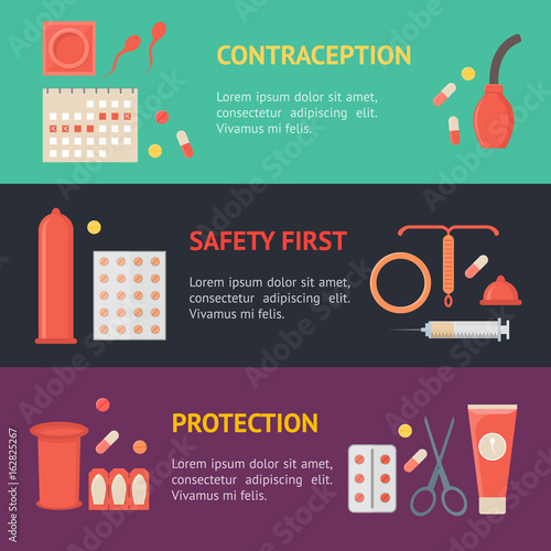 Cartoon Contraception Method Banner Horizontal Set . Vector