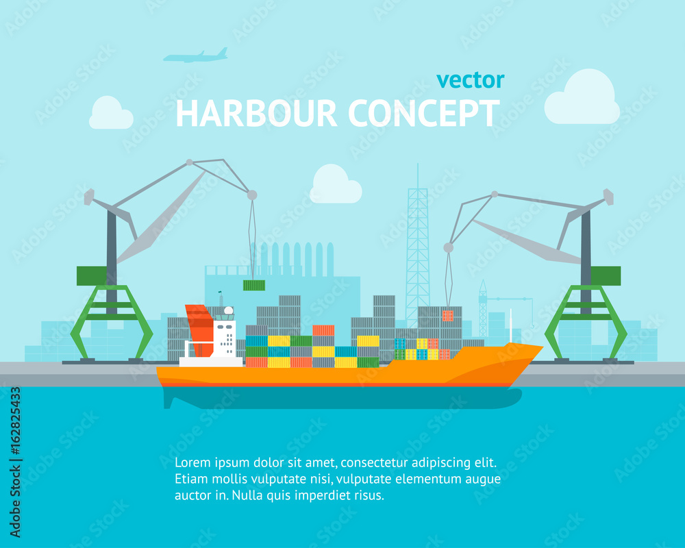 Cartoon Harbour of Port Town Concept Banner Card. Vector Cartoon Harbour of Port Town Concept Banner Card. Vector