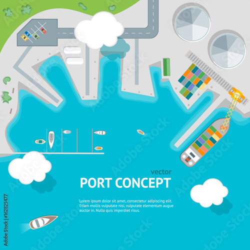 Cartoon Port Town and Barge Ship Concept Banner Card. Vector
