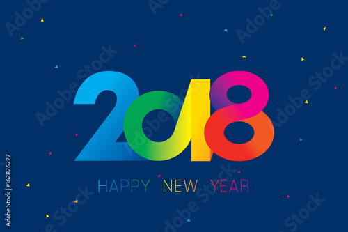 Vector 2018 Happy New Year design with text and confetti on blue background.