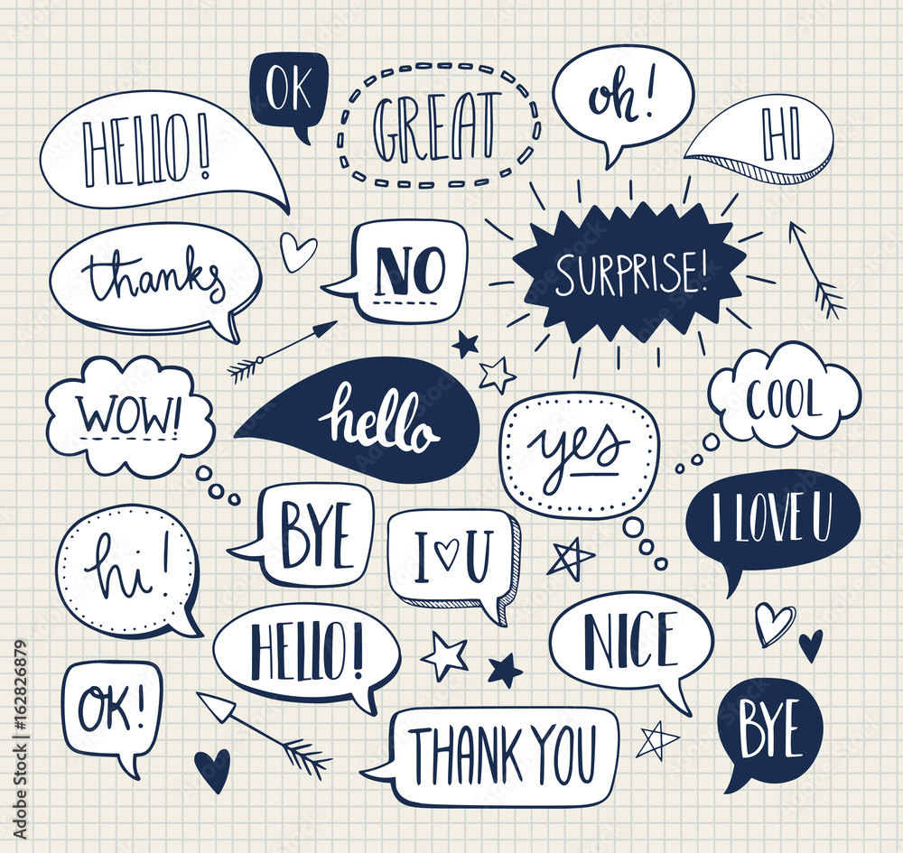 Set of cute vector doodle speech bubbles. Text illustration in hand drawn style. Hello, Love, Bye, Hi, Thank you, Sale, Yes, No, I love you, Nice, Cool. Set of cute vector doodle speech bubbles. Text illustration in hand drawn style. Hello, Love, Bye, Hi, Thank you, Sale, Yes, No, I love you, Nice, Cool.