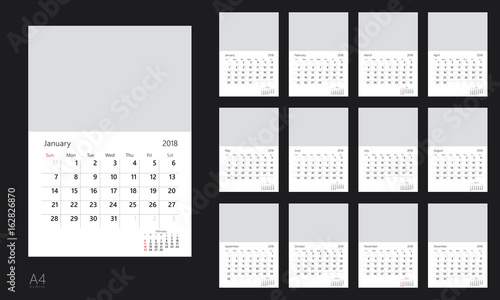 Vector design template of calendar for 2018 year.