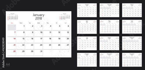 Vector design template of calendar planner for 2018 year.