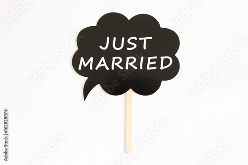 Photo booth props with expression words : JUST MARRIED photo