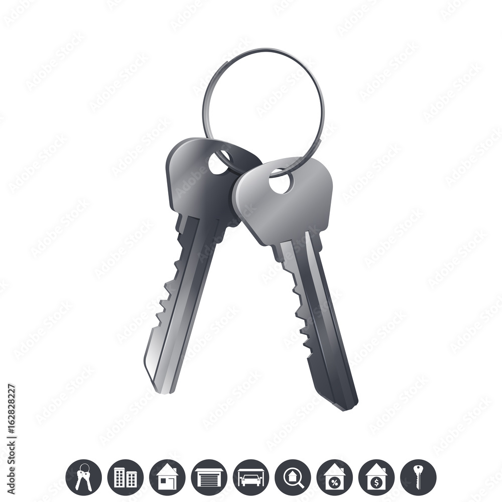 Bunch of silver house keys. Real estate icons isolated on white background. Vector illustration. Bunch of silver house keys. Real estate icons isolated on white background. Vector illustration.