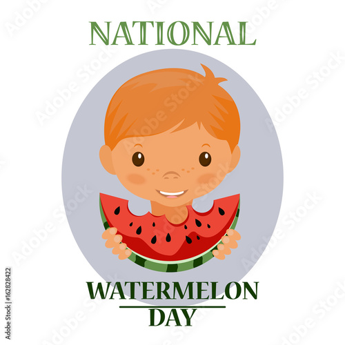 Day poster watermelon, a national holiday in the US on August 3, juicy piece of delicious watermelon. Cute boy eats a piece of watermelon. photo