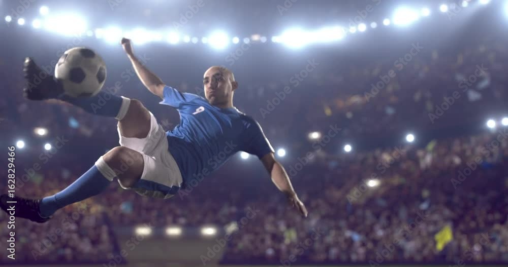 4k footage of a soccer player in dramatic play during a soccer game on a professional outdoor soccer stadium. Players wear unbranded uniform. Stadium and crowd are made in 3D.