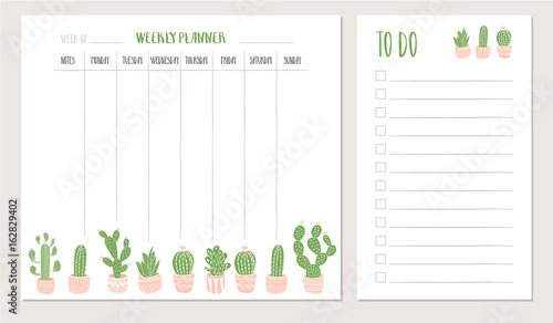 Weekly planner and to do list with cactus illustration. Vector.