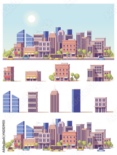 Vector low poly 2d buildings and city scene