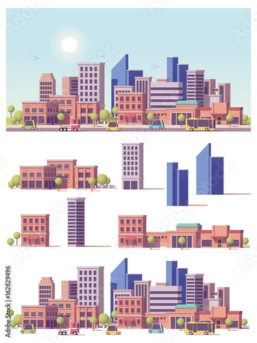 Vector low poly 2d buildings and city scene