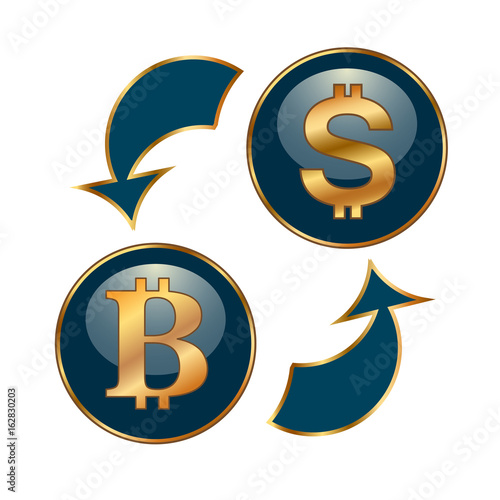 Gold coins bitcoin and dollar with arrows on a blue background.