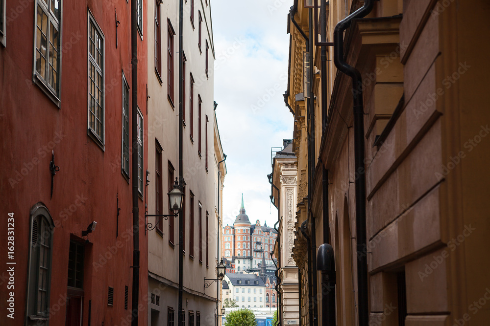 View of old town street in Stockholm at sunny day, Sweden