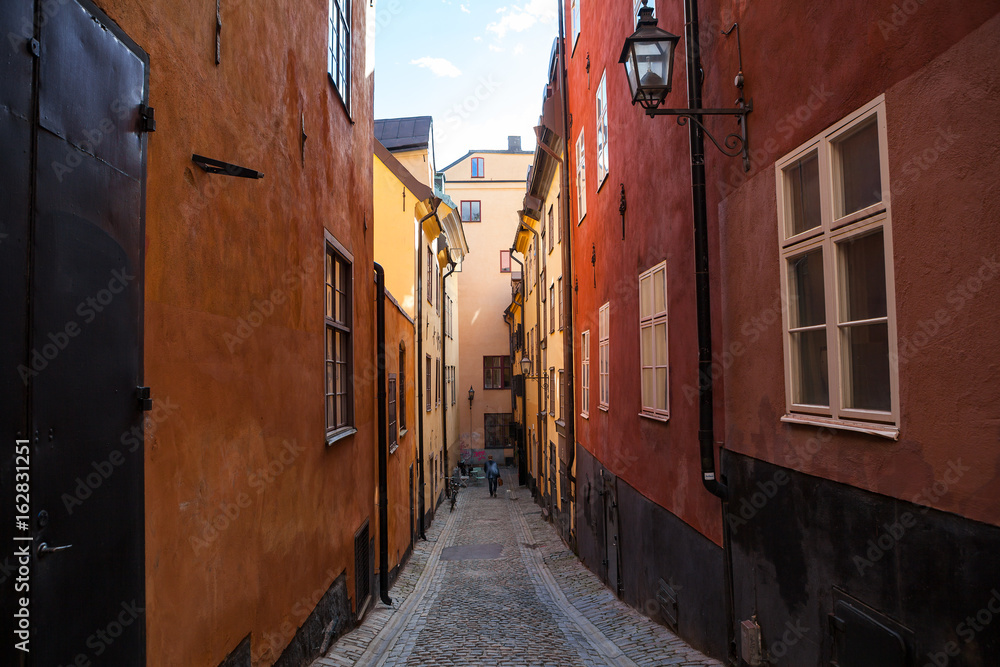 View of old town street in Stockholm at sunny day, Sweden