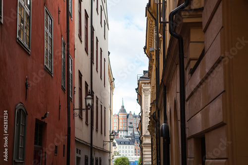 View of old town street in Stockholm at sunny day  Sweden