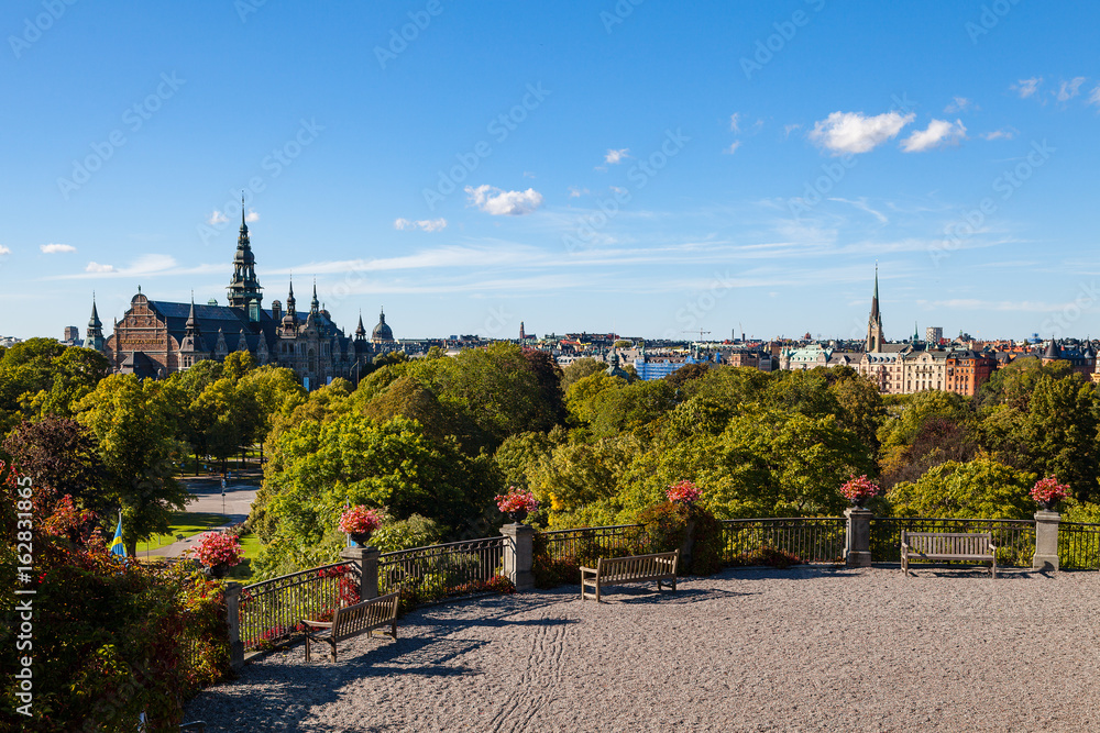 Obraz premium Aerial view of the Nordic Museum in summer sunny day with beautiful terrace at the foreground