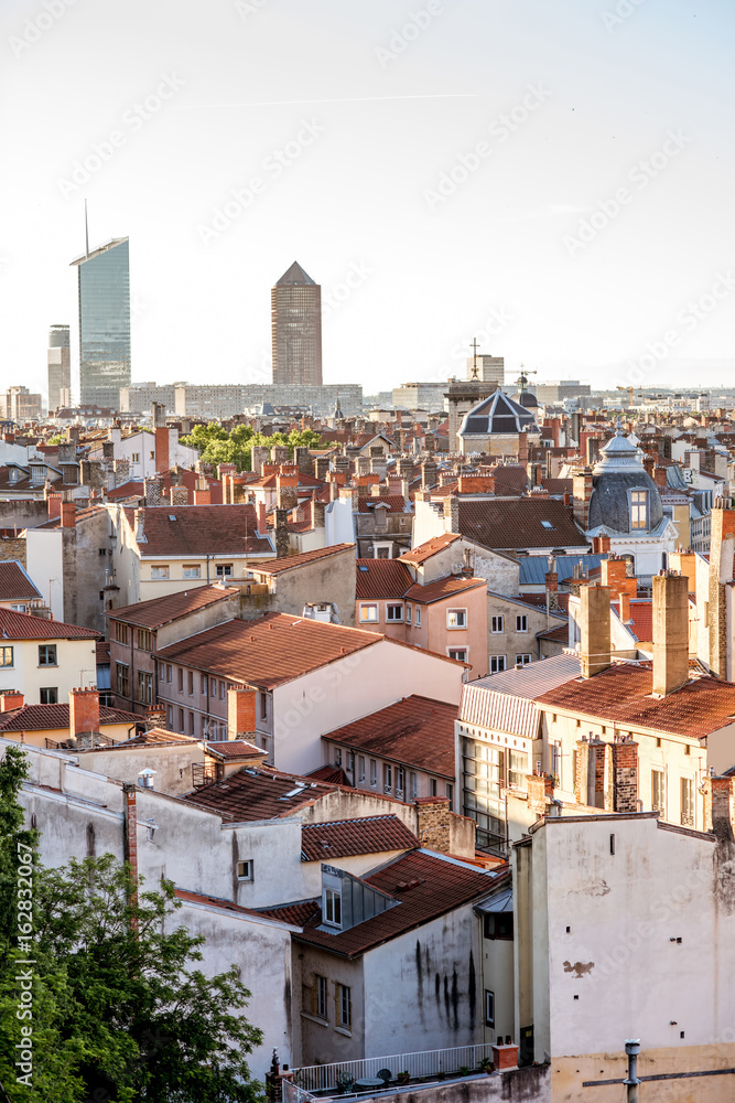 Morning aerial cityscape view with beautiful old buildings and skyscrapers in Lyon city, France