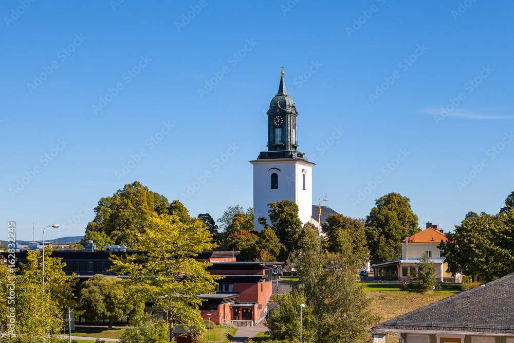 Lutheran church, white stone tower. Hedemora, Sweden.