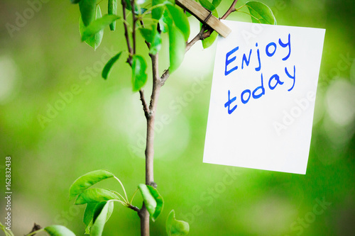 Motivating phrase enjoy today. On a green background on a branch is a white paper with a motivating phrase.