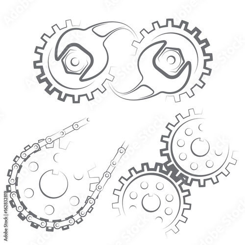 Illustration consisting of three images of gears in the form of a symbol