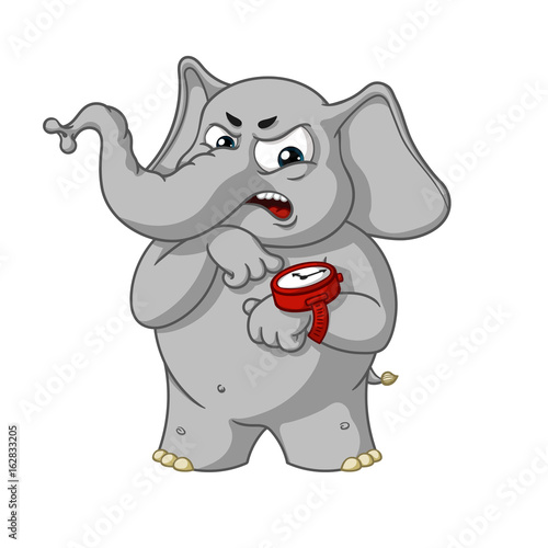 Elephant. Character. Angry pointing at the clock. Big collection of isolated elephants. Vector, cartoon