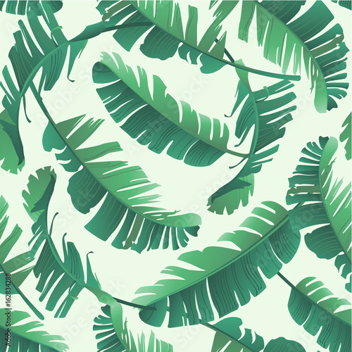 Seamless watercolor illustration of tropical leaves, jungle. Pattern with tropic summer background texture, wrapping paper, textile, wallpaper design. Banana palm leaves.