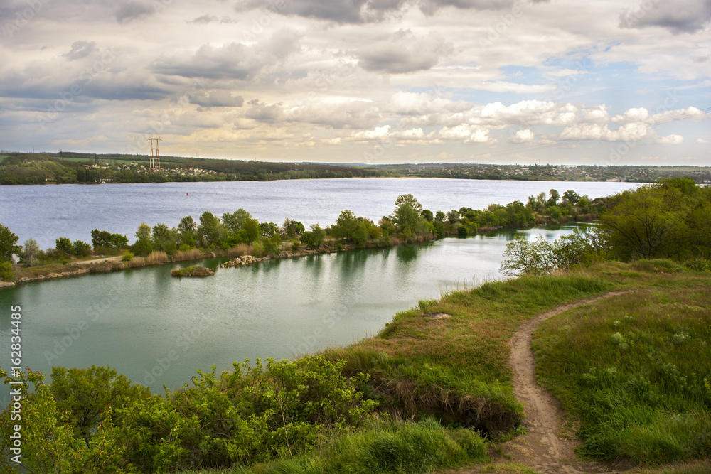 Beautiful view of the river and quarry. Ukraine, Dnepr. Summer landscape.