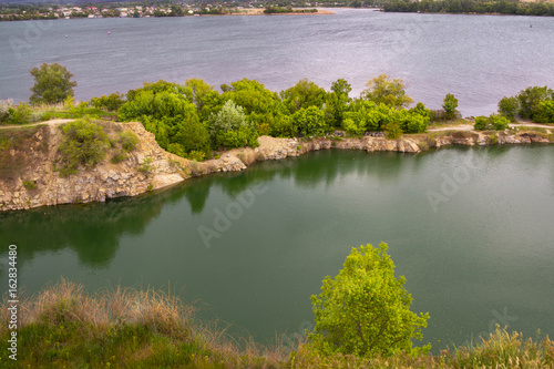 Beautiful view of the river and quarry. Ukraine, Dnepr. Summer landscape.