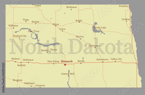 North Dacota vector State Map with Community Assistance and Activates Icons Original pastel Illustration isolated on gray background.
